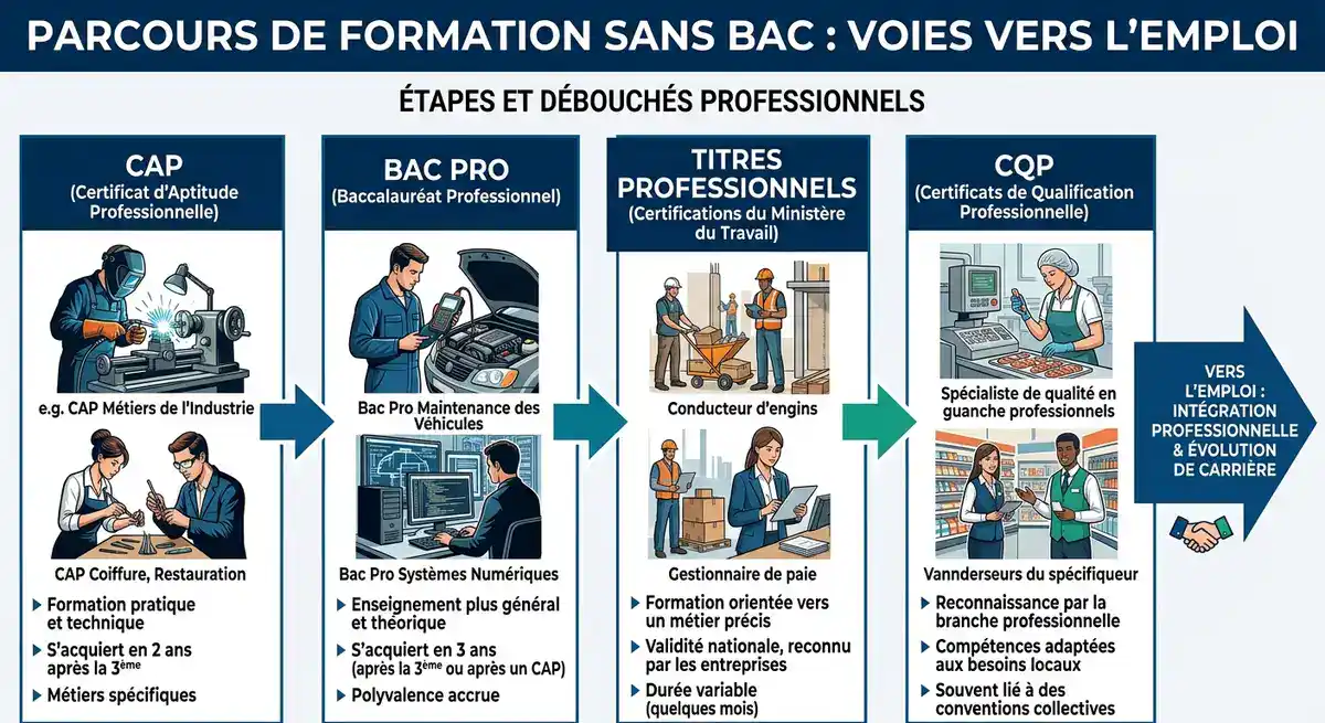 Infographie des parcours de formation en alternance accessibles sans baccalauréat