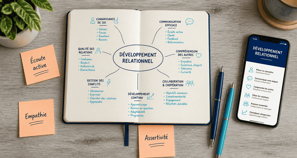 Mindmap aisance relationnelle sur carnet, exercices clés