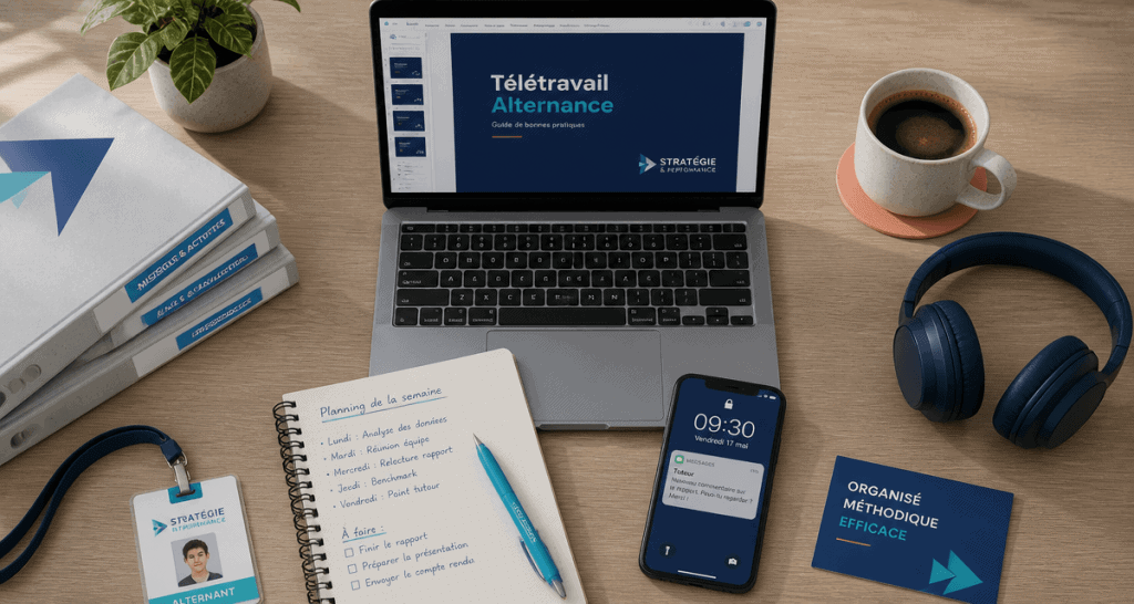 bureau alternance télétravail ordinateur carnet smartphone