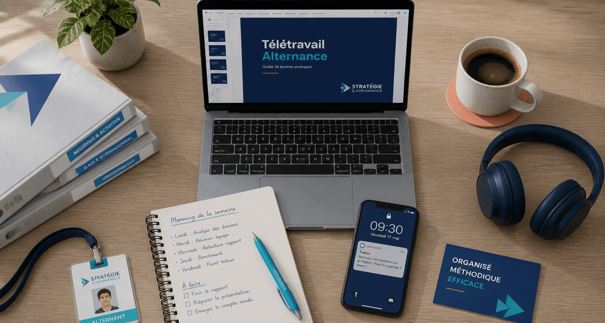 bureau alternance télétravail ordinateur carnet smartphone