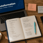 Bureau organisé autoformation carnet ordinateur