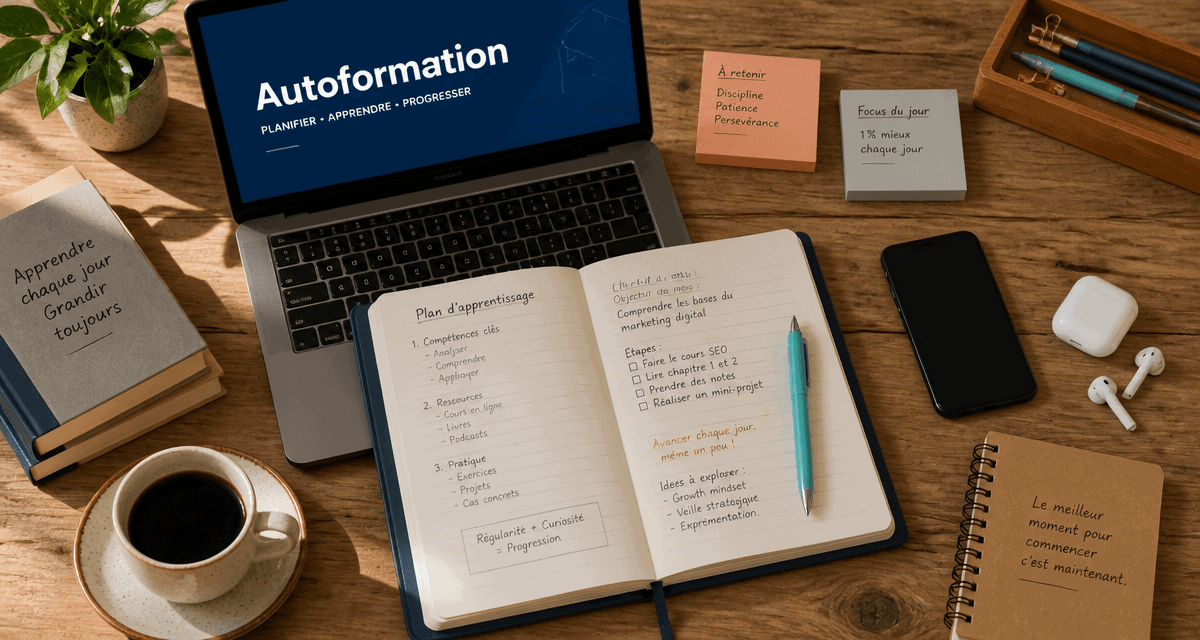 Bureau organisé autoformation carnet ordinateur