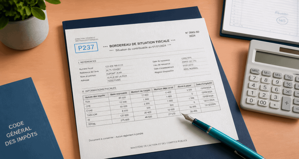 bordereau de situation fiscale P237 sur dossier bleu avec stylo