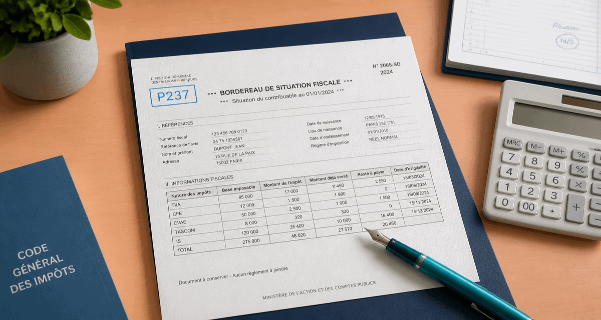 bordereau de situation fiscale P237 sur dossier bleu avec stylo