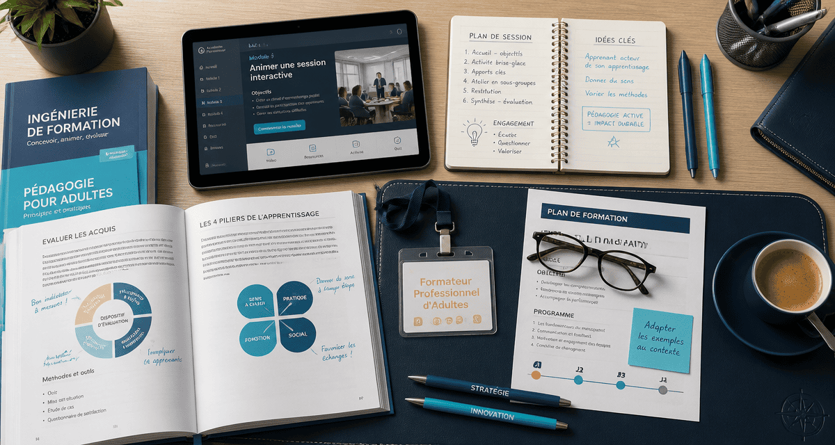 Bureau formation formateur adulte avec manuels et e-learning