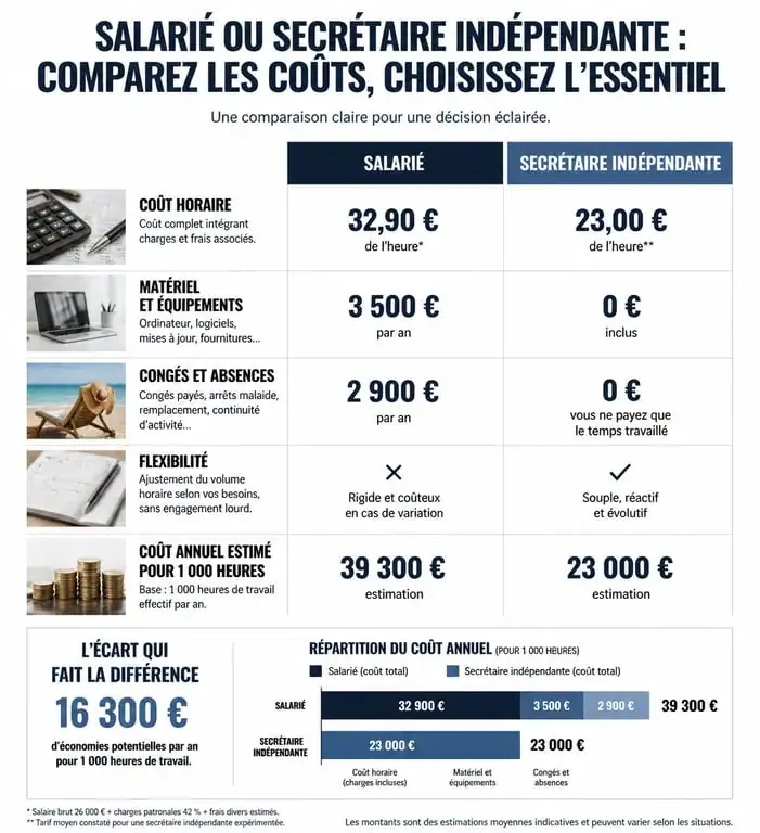 Comparatif des coûts entre un salarié et une secrétaire indépendante pour le tarif secrétaire indépendante