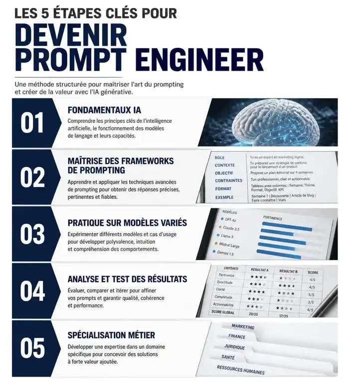 Infographie des étapes pour devenir Prompt Engineer et se former à l'IA générative