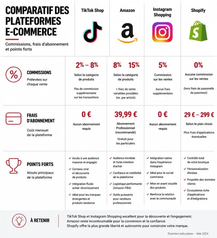 Comparatif des plateformes e-commerce TikTok Shop, Amazon, Instagram et Shopify