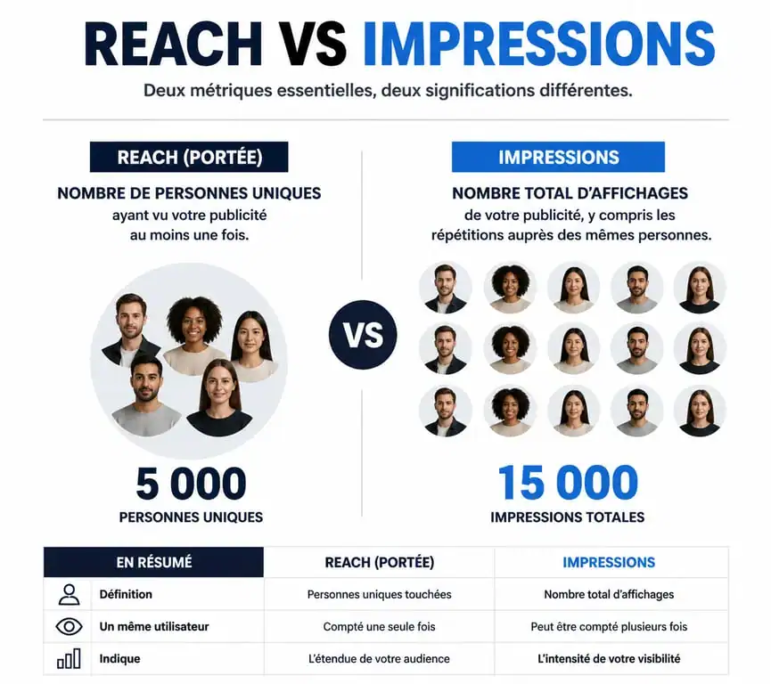 Infographie comparant le reach marketing et les impressions publicitaires pour comprendre la portée d'une campagne