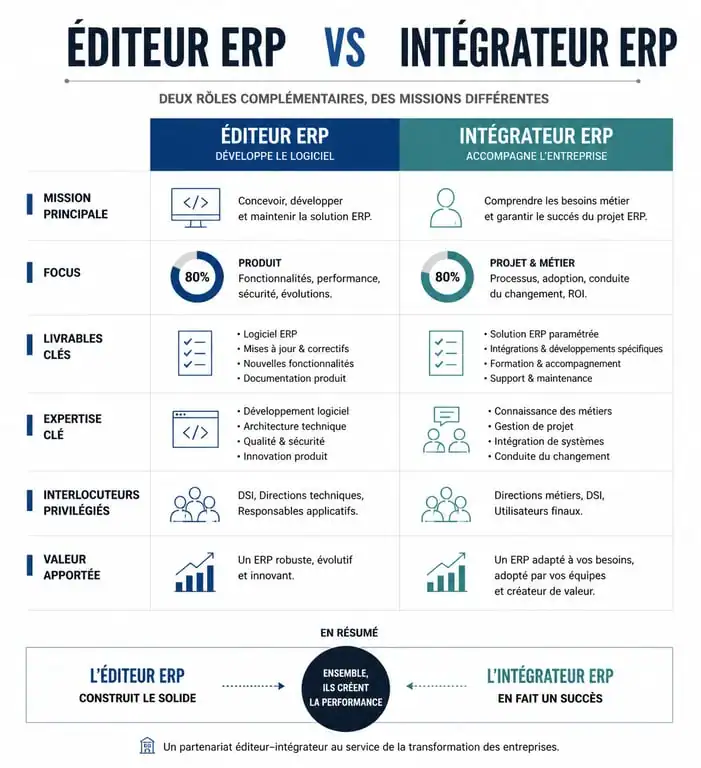 Infographie comparative entre éditeur et intégrateur ERP pour le choix d'un partenaire de transformation numérique