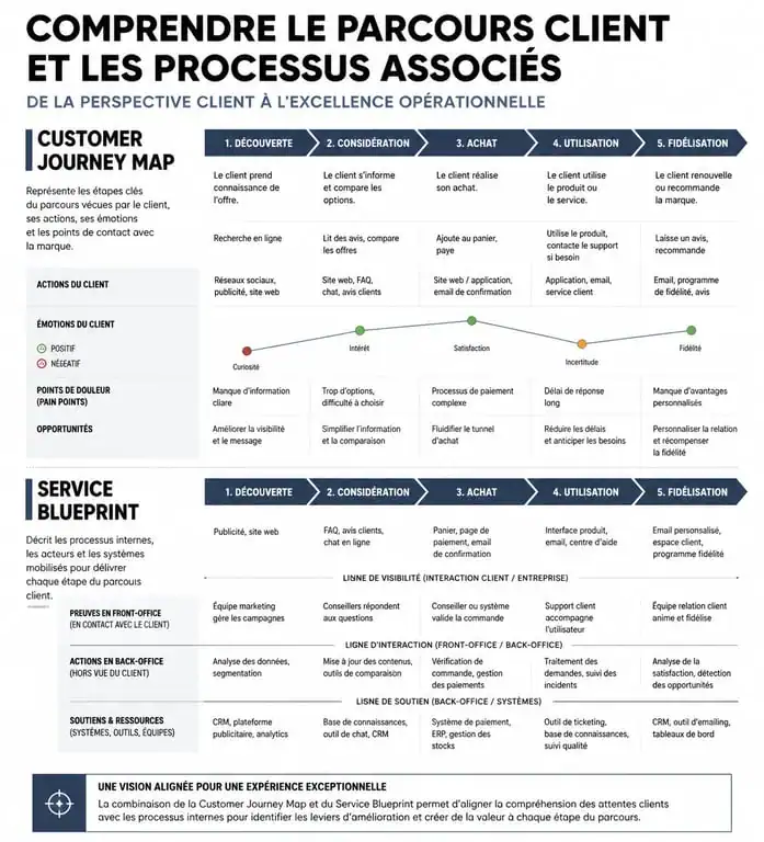Schéma comparatif entre Customer Journey Map et Service Blueprint pour la formation parcours client