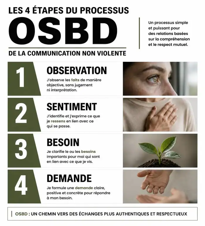 Infographie des 4 étapes du processus OSBD pour la communication non violente