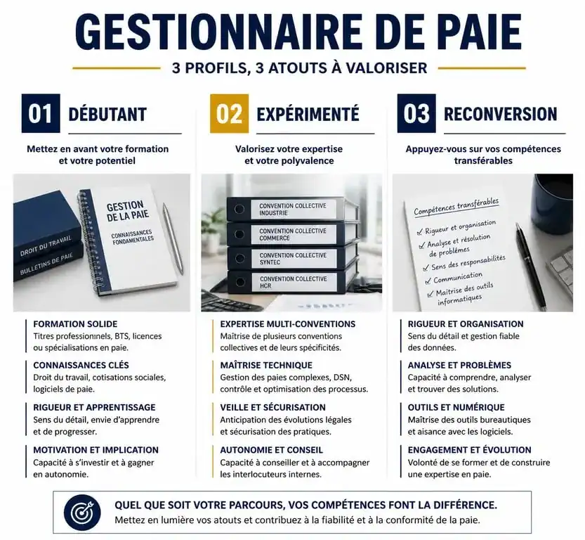 Infographie récapitulative pour rédiger une lettre de motivation de gestionnaire de paie selon son profil