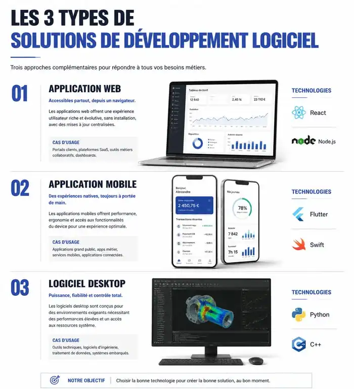 Infographie comparative des technologies pour le développement de logiciel métier sur mesure : Web, Mobile et Desktop.