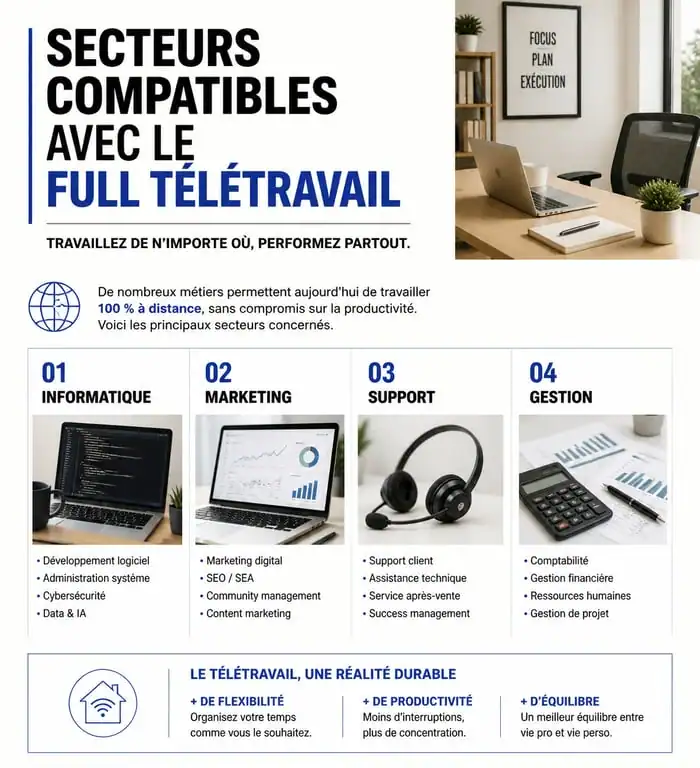 Infographie des secteurs d'activité adaptés au full télétravail