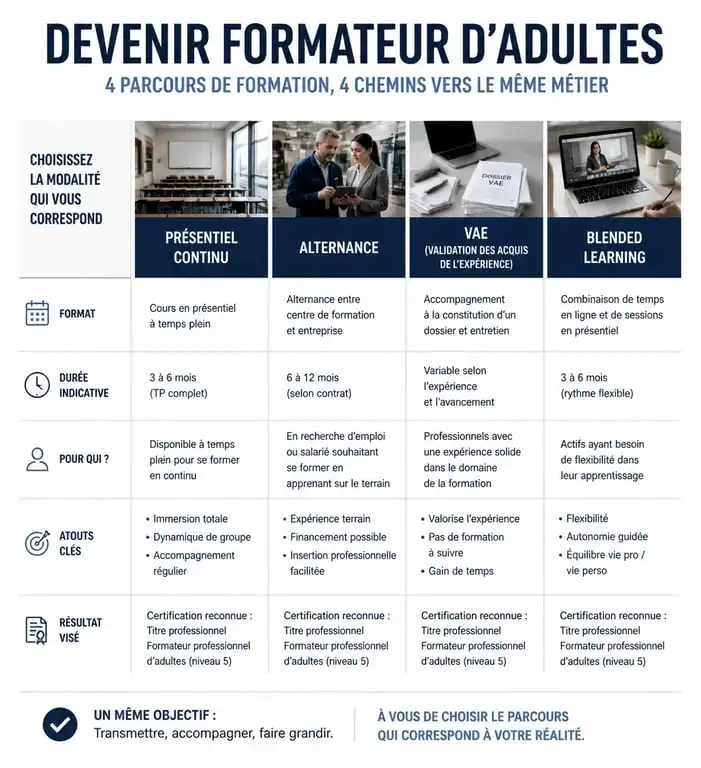 Infographie comparative des parcours de formation pour devenir formateur d'adultes