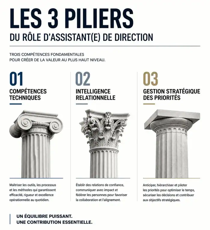 Infographie des compétences clés pour une assistante de direction : technique, relationnel et stratégie.