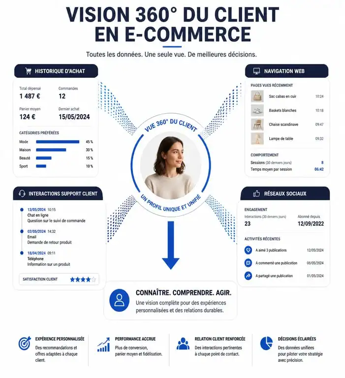 Infographie illustrant la vision 360 degrés du client pour un CRM e-commerce