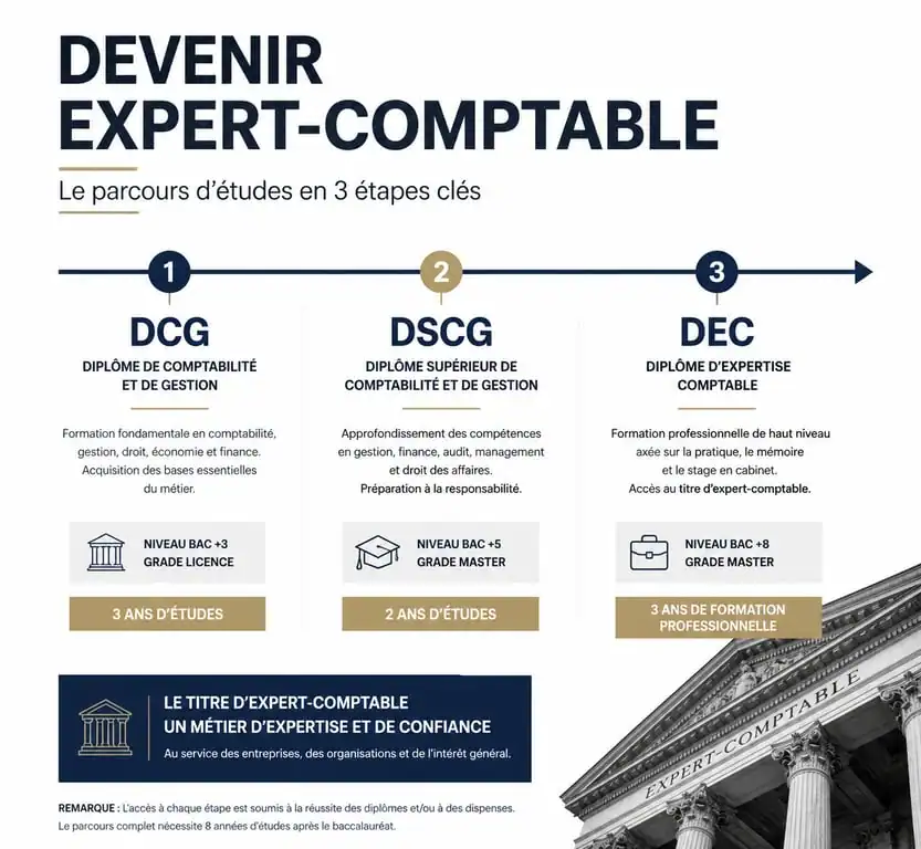Schéma du parcours d'études pour devenir expert comptable : DCG, DSCG et DEC