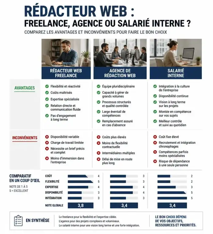 Comparatif des modes de collaboration pour la rédaction web SEO : freelance, agence ou salarié.