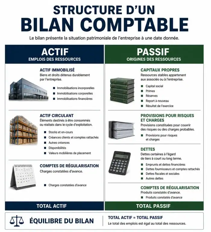 Infographie structure bilan comptable actif passif