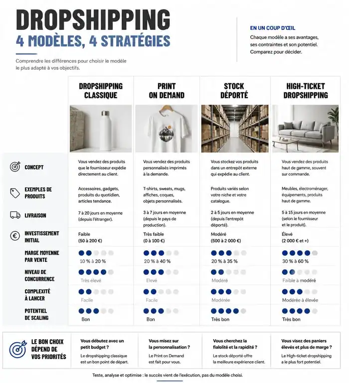 Tableau comparatif des modèles de dropshipping pour choisir sa stratégie e-commerce