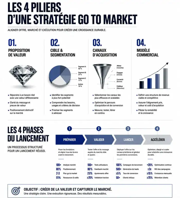 Schéma des étapes et piliers d'une stratégie go to market efficace