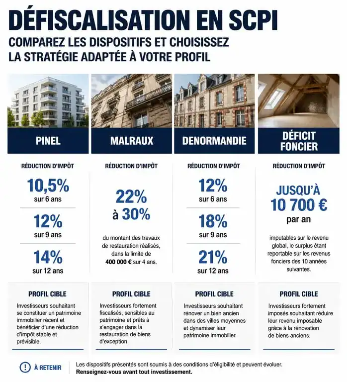 Infographie comparative des dispositifs de défiscalisation SCPI pour réduire ses impôts.