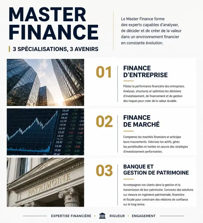 Infographie des spécialisations du Master Finance en alternance : Corporate, Marché, Banque