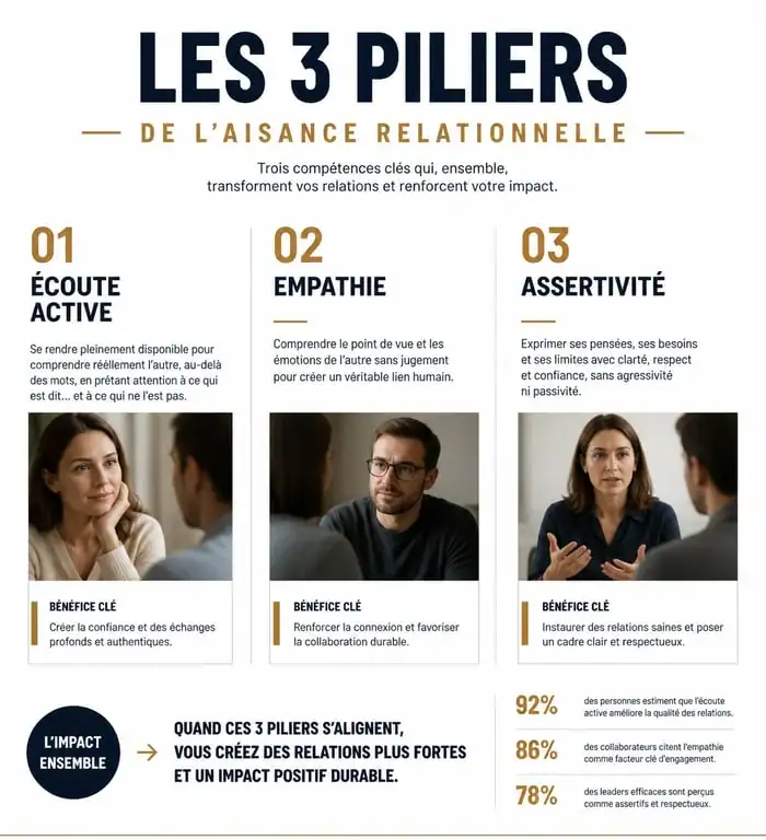 Infographie sur les piliers de l'aisance relationnelle pour améliorer sa communication interpersonnelle.