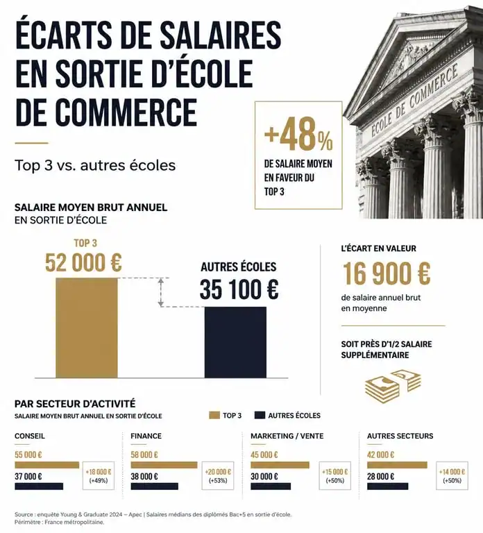 Infographie comparative des salaires en sortie d'école de commerce par classement d'établissement
