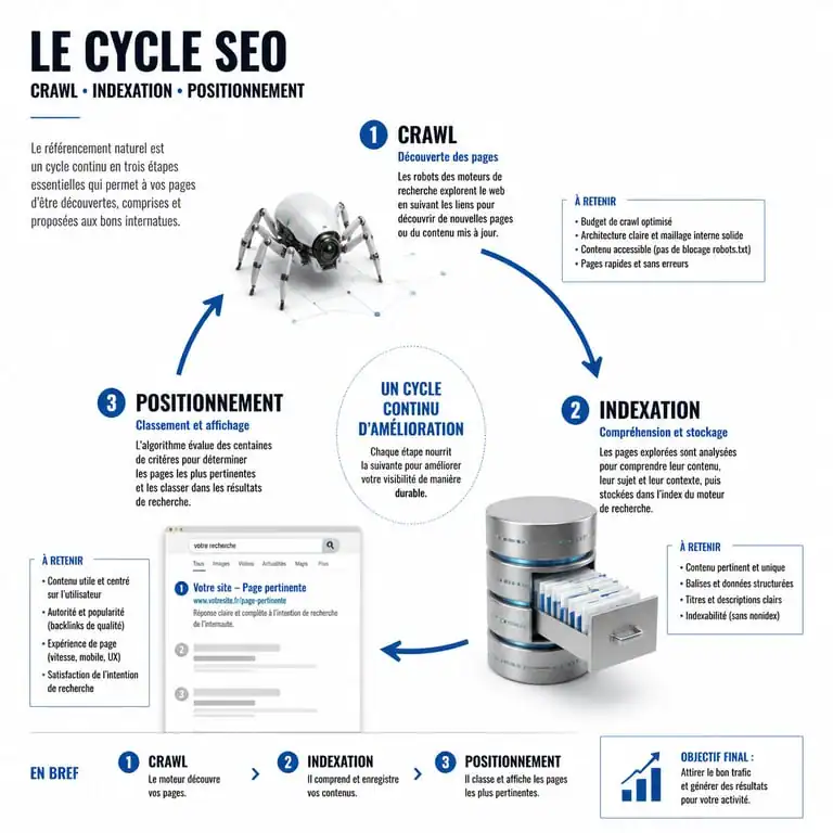 Schéma du cycle de vie d'une page web pour la formation SEO débutant