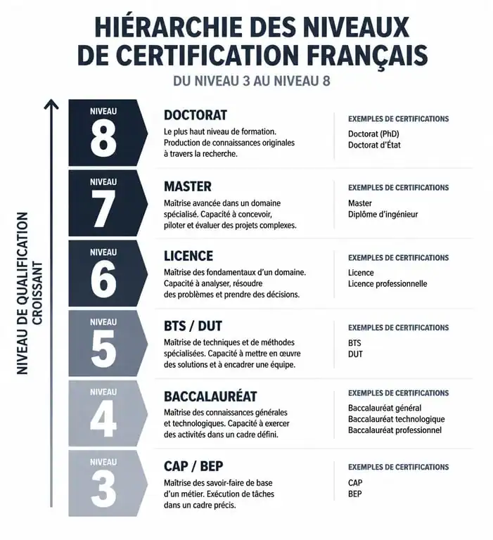 Hiérarchie des niveaux de certification pour une formation diplômante en France