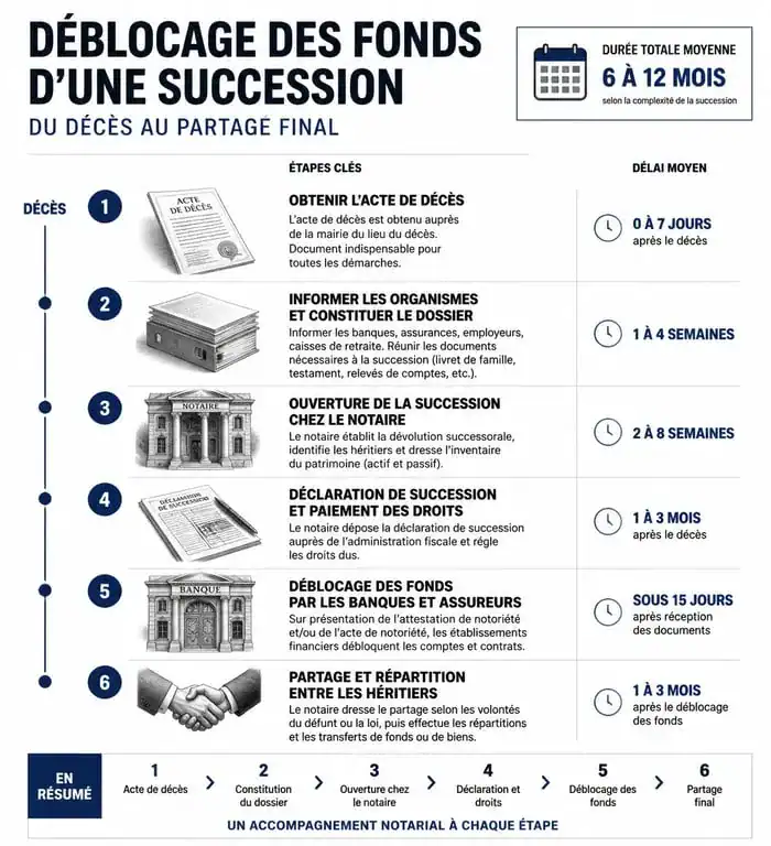 Infographie des étapes de déblocage des fonds d'une succession notaire