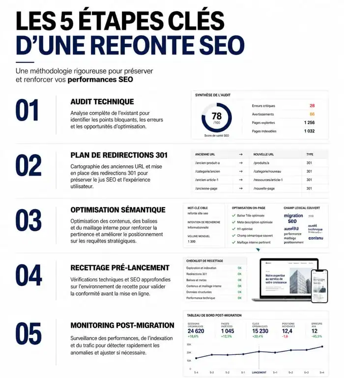 Infographie des étapes clés pour une refonte de site web réussie avec une agence SEO
