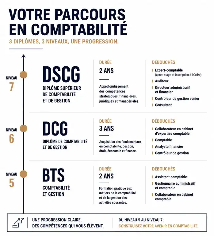 Infographie de la progression des diplômes en comptabilité apprentissage du BTS au DSCG