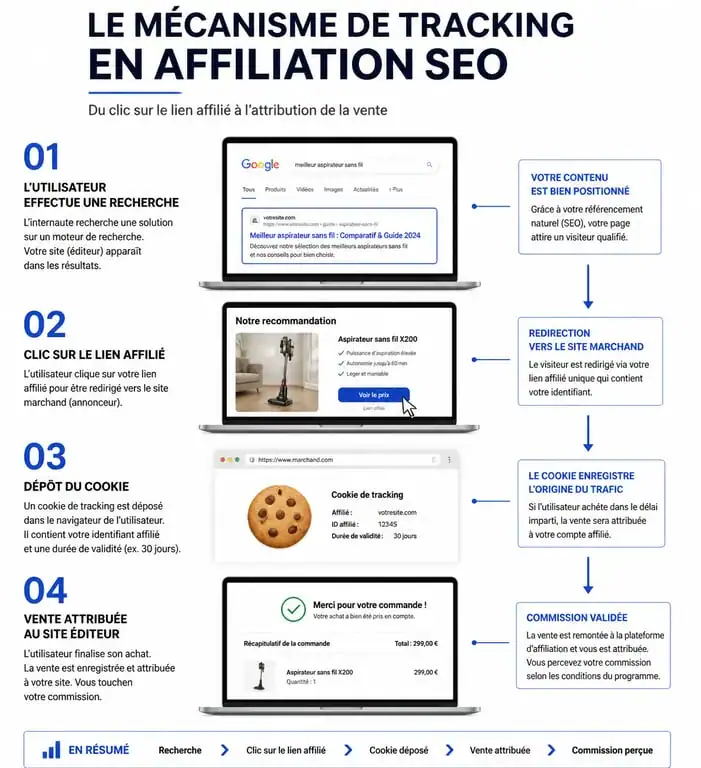 Schéma du fonctionnement du tracking en affiliation SEO