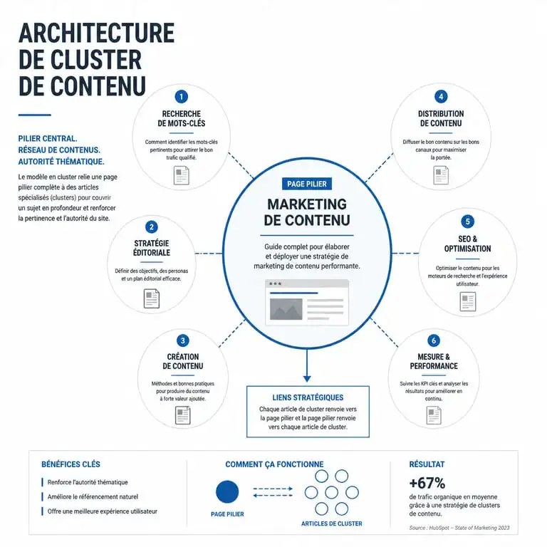 Schéma d'architecture de contenu SEO avec une page pilier et ses articles de cluster