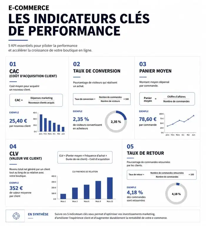 Infographie des indicateurs clés de performance (KPI) e-commerce essentiels pour optimiser sa boutique en ligne