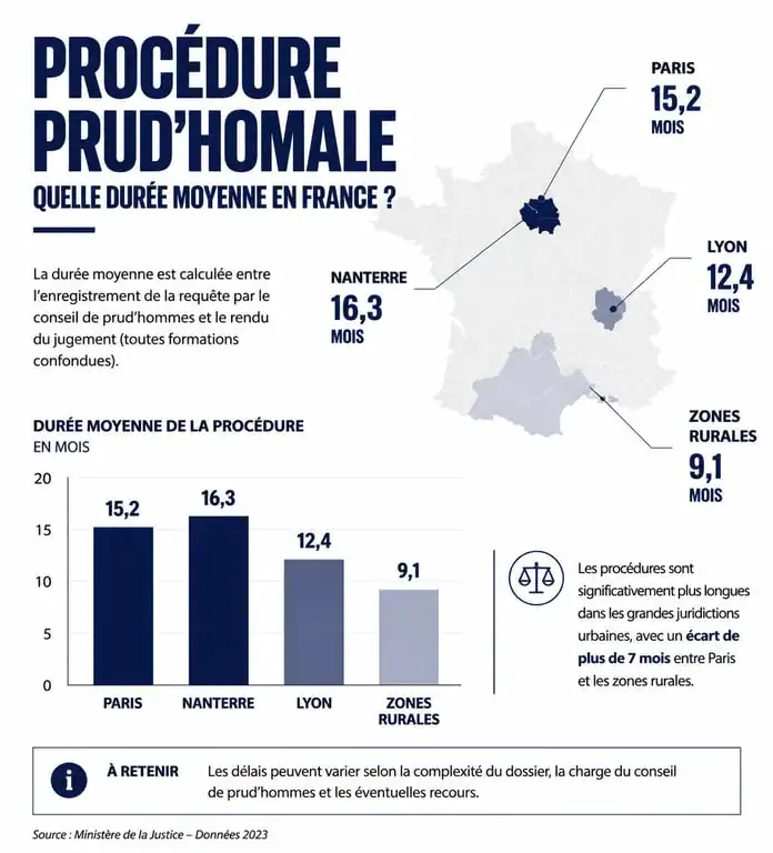 Infographie des délais moyens d'une procédure aux prud'hommes en 2024 selon la localisation géographique.