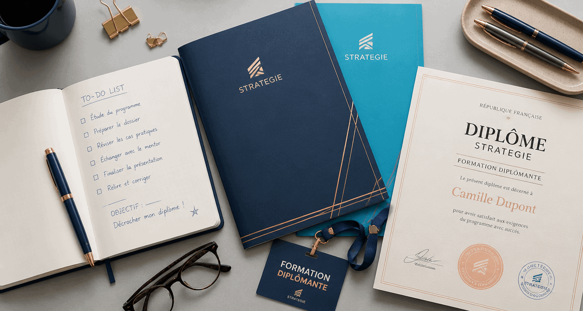 bureau avec dossier et badge formation diplomante