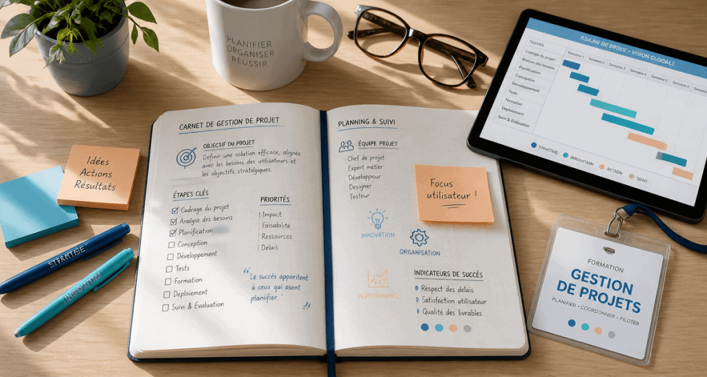 Bureau organisé avec outils pour formation gestion de projets