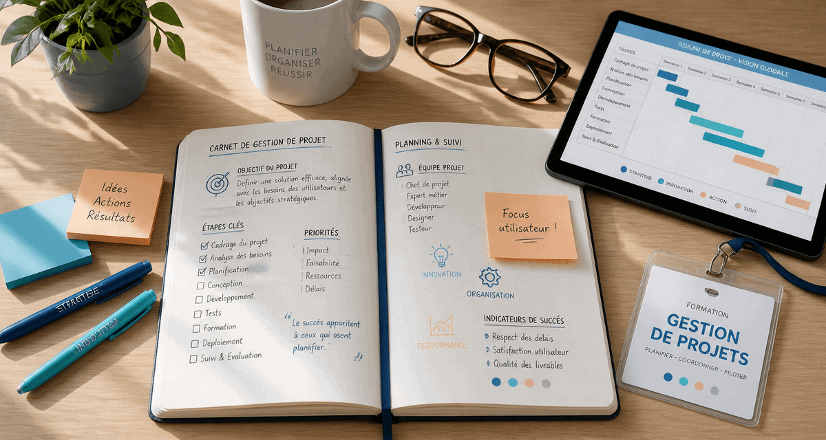 Bureau organisé avec outils pour formation gestion de projets