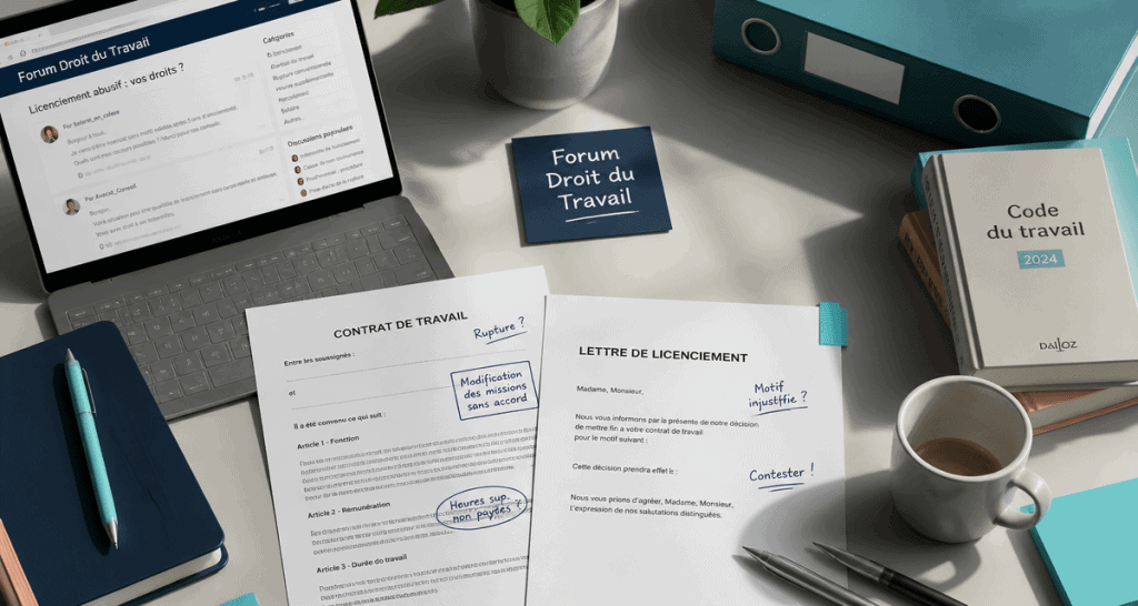 bureau avec forum droit du travail affiché sur ordinateur