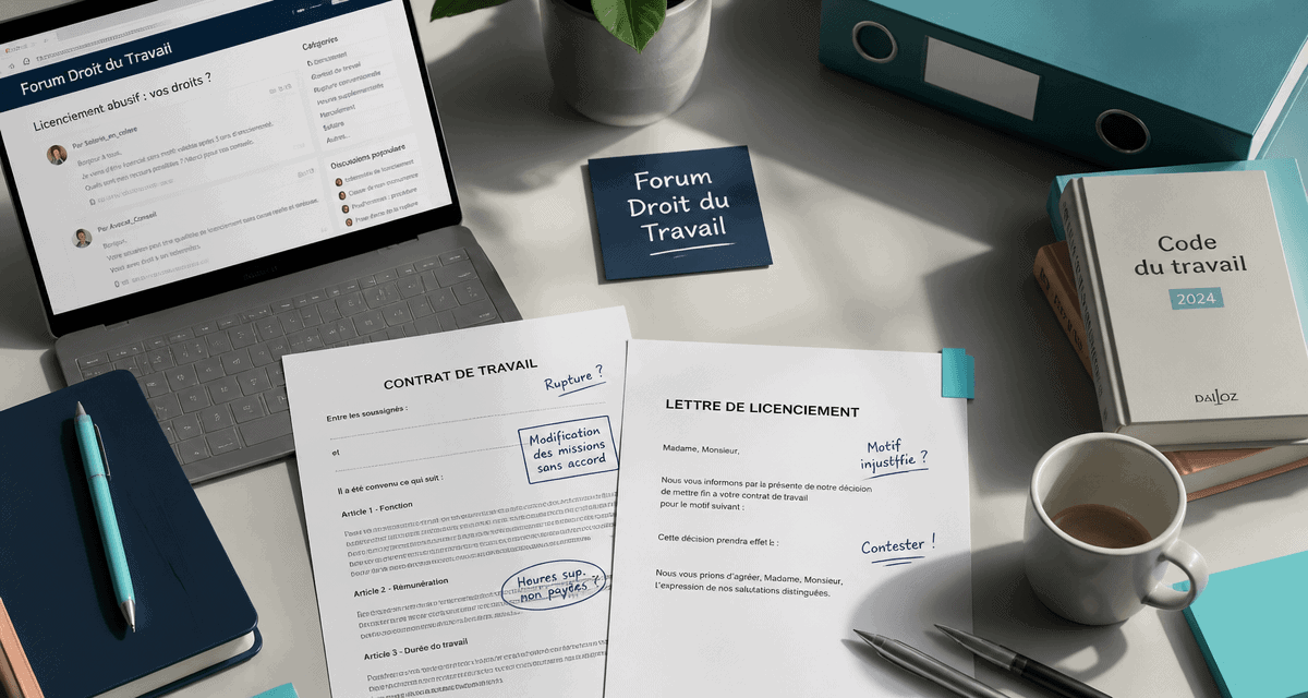 bureau avec forum droit du travail affiché sur ordinateur
