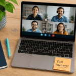 Bureau full télétravail avec ordinateur et carnet