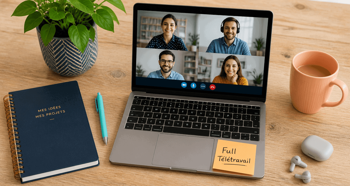 Bureau full télétravail avec ordinateur et carnet
