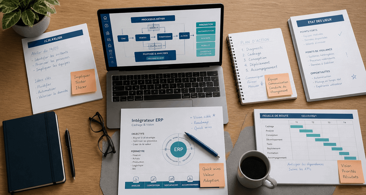 bureau integrateur erp avec diagramme et documents