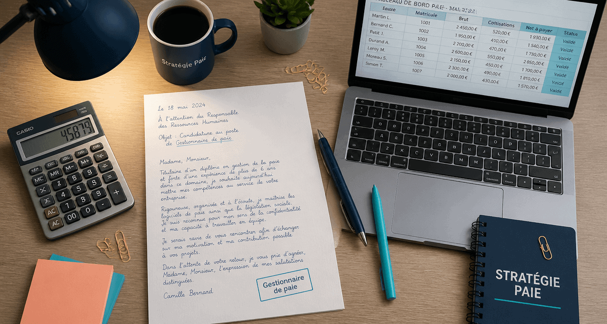 Lettre de motivation gestionnaire de paie sur bureau avec calculatrice et ordinateur