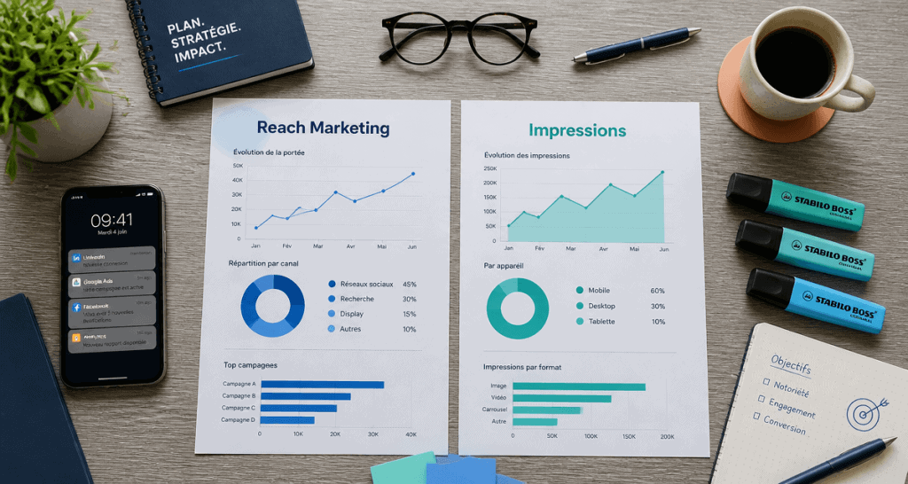 bureau flat-lay reach marketing impressions graphiques